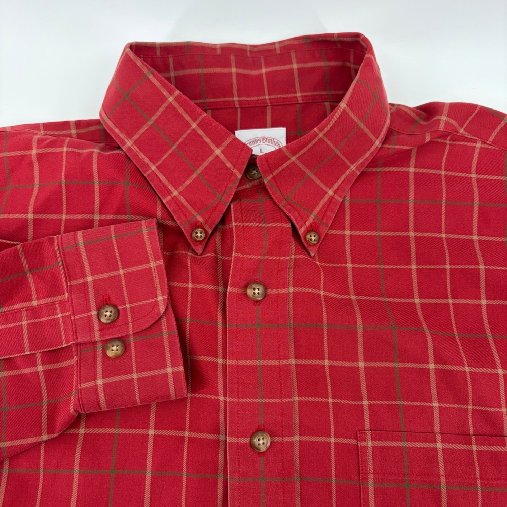 Brooks Brothers 346 Red Tan Green Plaid Button Down Shirt Men's Size L Non Iron